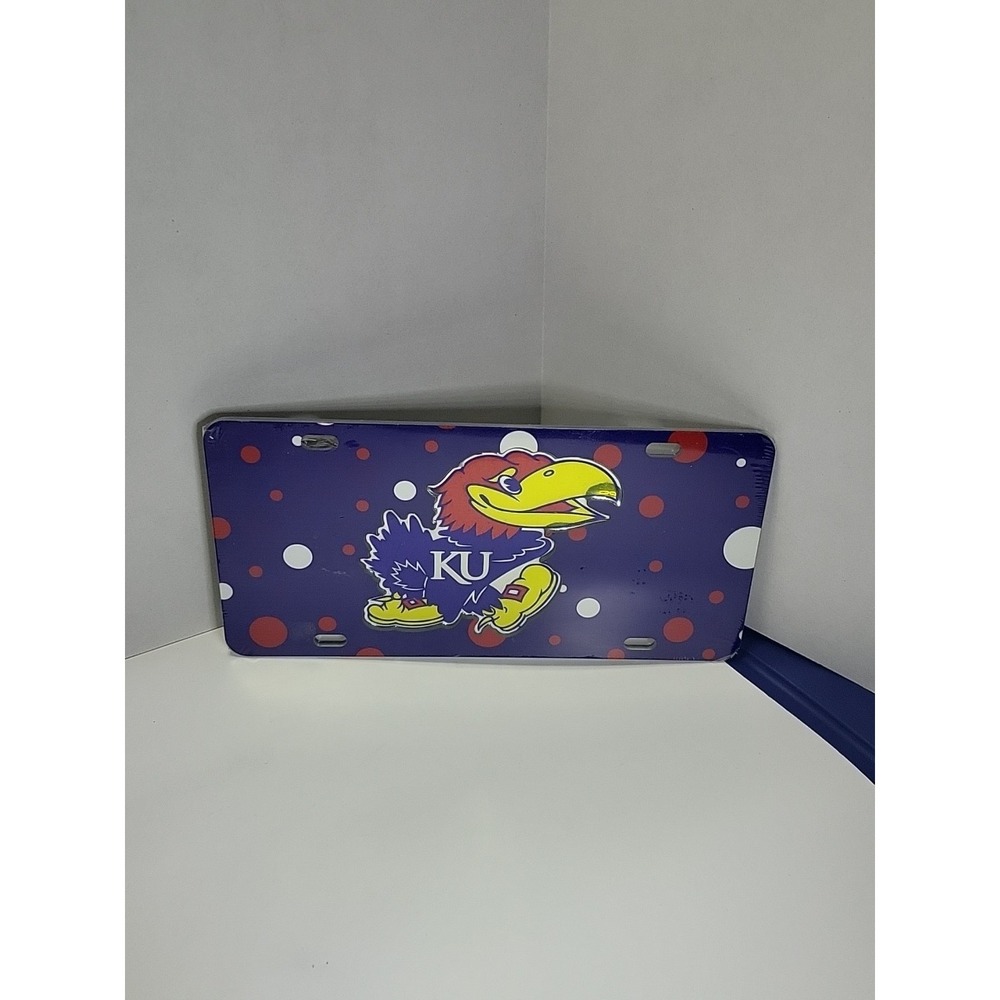 KU UNIVERSITY OF KANSAS Blue/red/white Polka Dot Mirrored Jayhawk License Plate - Picture 5 of 5